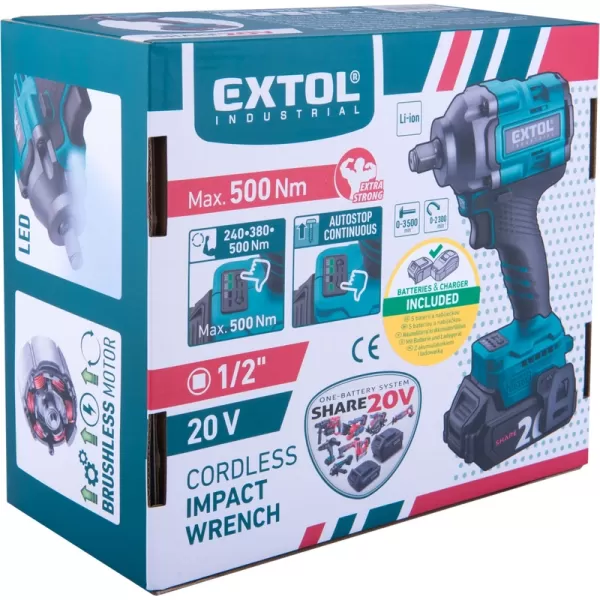 Aku utahovák rázový 1/2" 20V/2,0Ah SHARE20V, 500Nm, BRUSHLESS EXTOL INDUSTRIAL 8791814