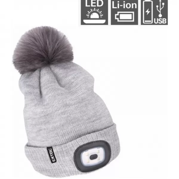Čepice s čelovkou 4x45lm, USB nabíjení, světle šedá s bambulí, univerzální velikost EXTOL LIGHT 43465