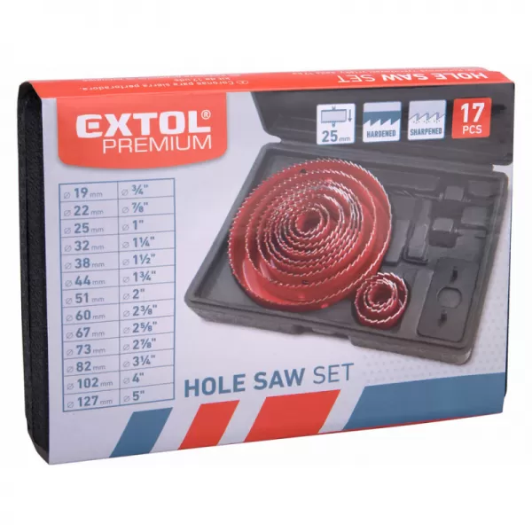 Vrtáky vykružovací korunkové, 13průměrů O 19-127mm EXTOL PREMIUM 8801605